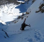 Ascending the Spoon with Ampitheater and Suprise Lake below