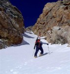 Dustin enters the SW Couloir on Teewinot